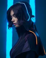 a woman in a futuristic outfit with neon lights generative ai photo