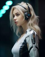 un mujer en un futurista atuendo con auriculares foto