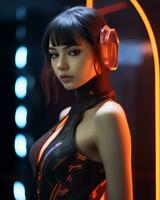 a woman in a futuristic outfit with neon lights photo