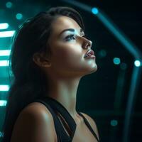 a woman in a futuristic setting with neon lights photo