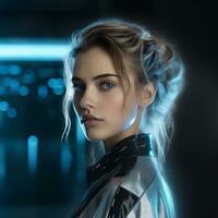 a woman in a futuristic outfit with neon lights generative ai photo