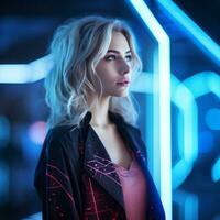 un mujer en un futurista ajuste con neón luces generativo ai foto