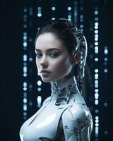 a woman in a futuristic robot suit standing in front of a black background generative ai photo