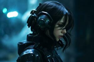 un mujer en un futurista atuendo con auriculares generativo ai foto