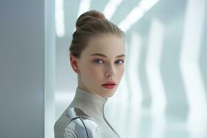 a woman in a futuristic suit standing in an empty room photo
