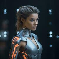 a woman in a futuristic suit standing in front of a black background generative ai photo