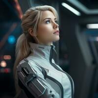 a woman in a futuristic suit standing in the dark generative ai photo