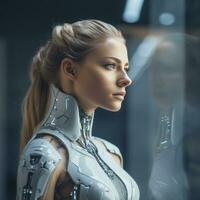 a woman in a futuristic suit standing in front of a window generative ai photo