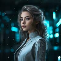 a woman in a futuristic suit stands in front of the lights generative ai photo