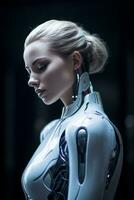 a woman in a futuristic suit standing in front of a dark background generative ai photo