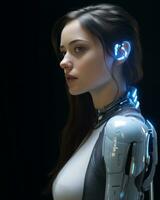 a woman in a futuristic suit with glowing eyes photo