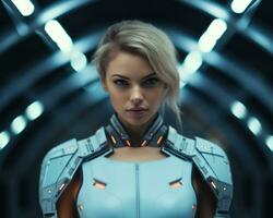 a woman in a futuristic suit standing in front of a tunnel photo