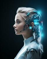 a woman in a futuristic suit with glowing eyes photo