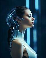 a woman in a futuristic suit with glowing eyes photo