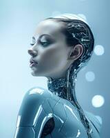 a woman in a futuristic suit with her head turned to the side photo