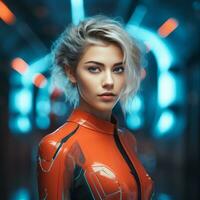 a woman in a futuristic suit with neon lights photo