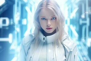 a woman in a futuristic suit with blue eyes generative ai photo