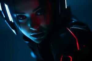 a woman in a futuristic suit with glowing eyes photo