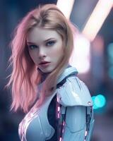 un mujer en un futurista traje con rosado pelo generativo ai foto