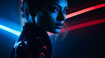 a woman in a futuristic suit with neon lights photo