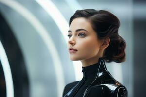 a woman in a futuristic suit looking off to the side generative ai photo