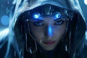 a woman in a hoodie with glowing eyes photo