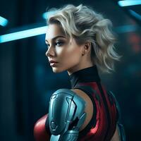 a woman in a red and black suit with a robot arm generative ai photo