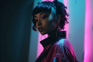 a woman in a pink jacket standing in front of neon lights generative ai photo