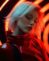 a woman in a red leather jacket is posing in front of a neon light generative ai photo