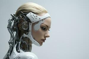 a woman in a robot suit with her head turned to the side generative ai photo
