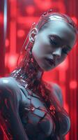 a woman in a robot suit with red lights behind her generative ai photo