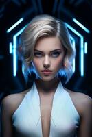 a woman in a white dress with neon lights around her generative ai photo