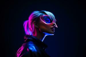 a woman in neon glasses and a leather jacket in front of a dark background generative ai photo