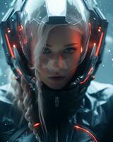 a woman in a space suit with red lights on her face generative ai photo