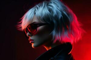 a woman in sunglasses and a black leather jacket generative ai photo