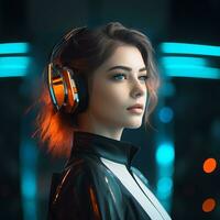 un mujer vistiendo auriculares en un futurista ajuste foto