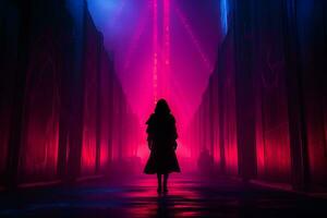 a woman walking through a dark hallway with neon lights generative ai photo