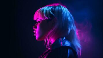 a woman with blonde hair and neon lights in the background generative ai photo
