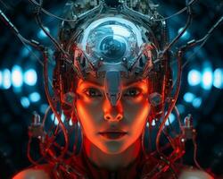 a woman wearing a futuristic helmet with wires around her head generative ai photo