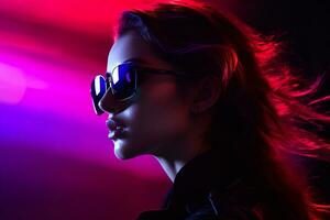 un mujer vistiendo Gafas de sol en frente de vistoso luces generativo ai foto