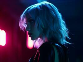 a woman with blue hair and neon lights in the background generative ai photo