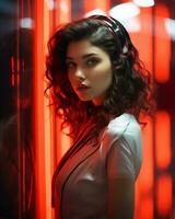 a woman with headphones in front of a red light generative ai photo