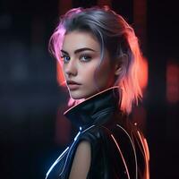 a woman with neon hair in a black leather jacket generative ai photo
