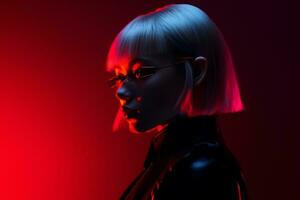 a woman with glasses and a red light behind her generative ai photo