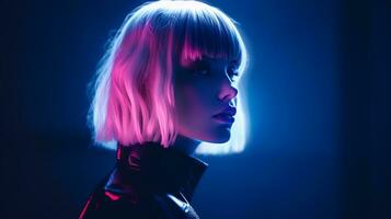a woman with neon hair in a dark room generative ai photo