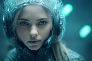 a woman with headphones on in a futuristic setting generative ai photo