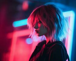 a woman with neon lights in front of her photo