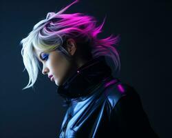 a woman with pink and blue hair in a leather jacket generative ai photo