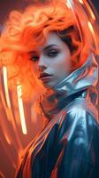 a woman with orange hair in a silver jacket generative ai photo