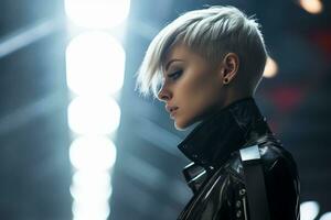 a woman with short hair in a black leather jacket generative ai photo